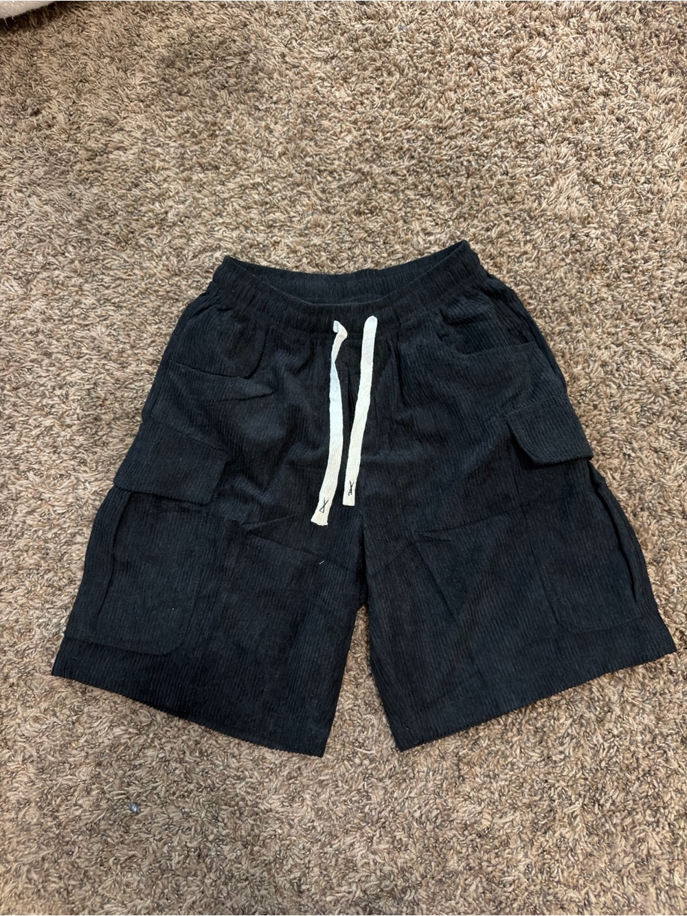 Boys Black Corduroy Cargo Shorts with Drawstring